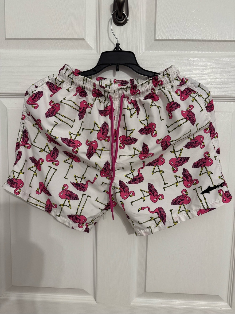 White Flamingo Print Swim Bermudas with Pink Drawstring